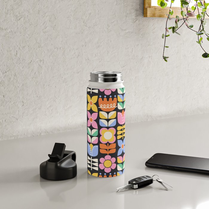 Retro Folk & Floral Colorful Pastel Flower Grid Black Water Bottle Gallery Image 4