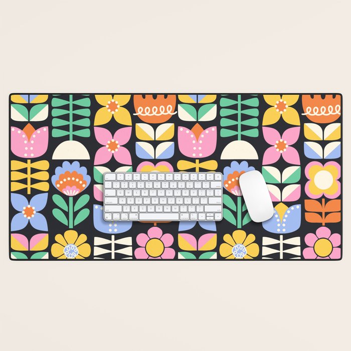 Retro Folk & Floral Colorful Pastel Flower Grid Black Desk Mat Gallery Image 1
