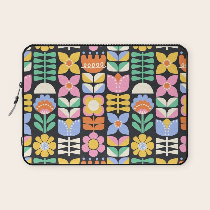 Retro Folk & Floral Colorful Pastel Flower Grid Black Laptop Sleeve Gallery Image 1