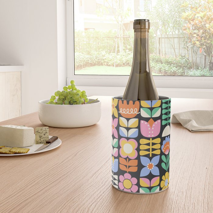 Retro Folk & Floral Colorful Pastel Flower Grid Black Wine Chiller Gallery Image 4