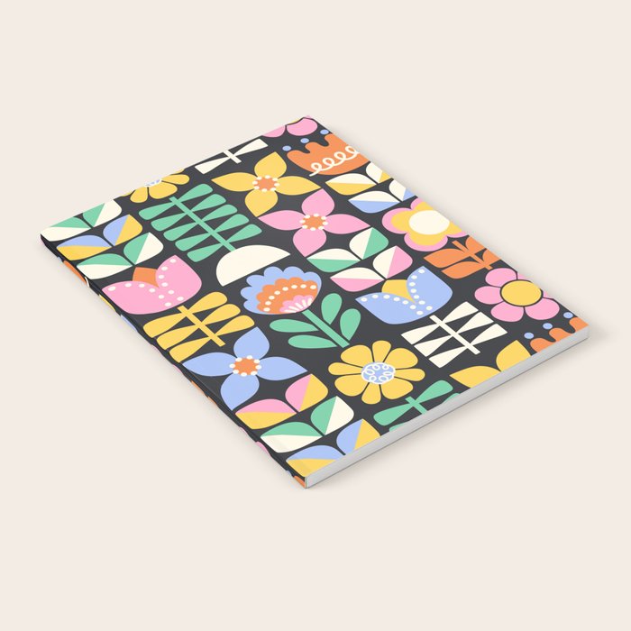 Retro Folk & Floral Colorful Pastel Flower Grid Black Notebook Gallery Image 2