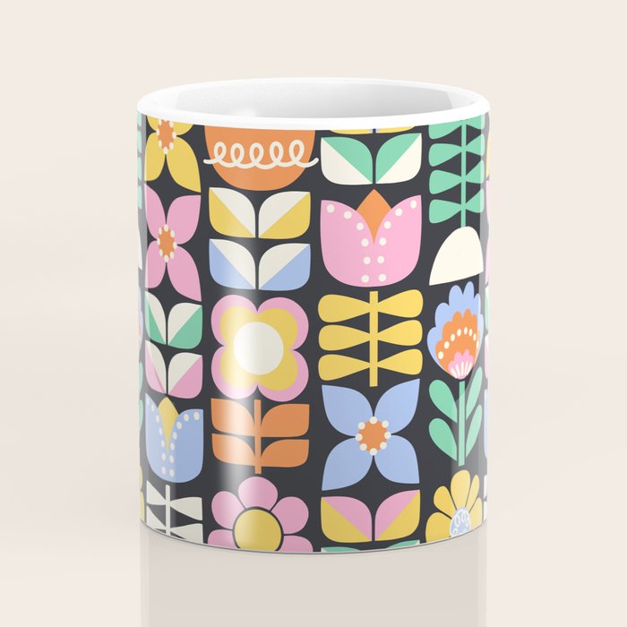 Retro Folk & Floral Colorful Pastel Flower Grid Black Coffee Mug Gallery Image 4