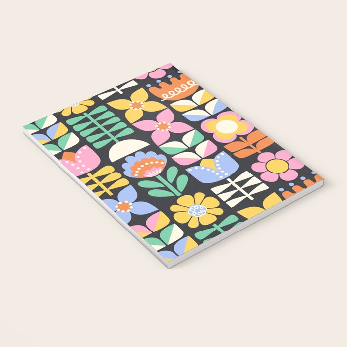 Retro Folk & Floral Colorful Pastel Flower Grid Black Notebook Gallery Image 3