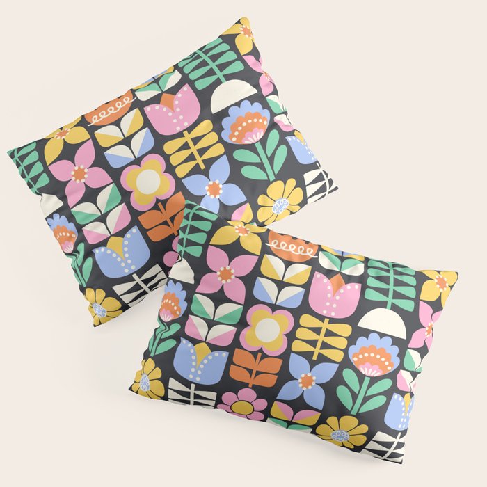 Retro Folk & Floral Colorful Pastel Flower Grid Black Pillow Sham Gallery Image 1