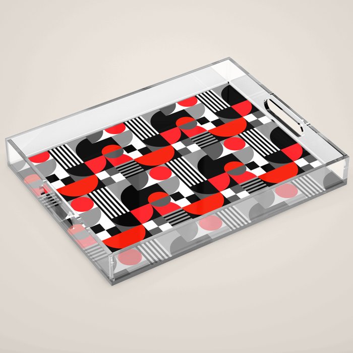 Mid Century Modern Geometric Shapes and Stripes No. 2 Red, Gray, Black Acrylic Tray Gallery Image 1