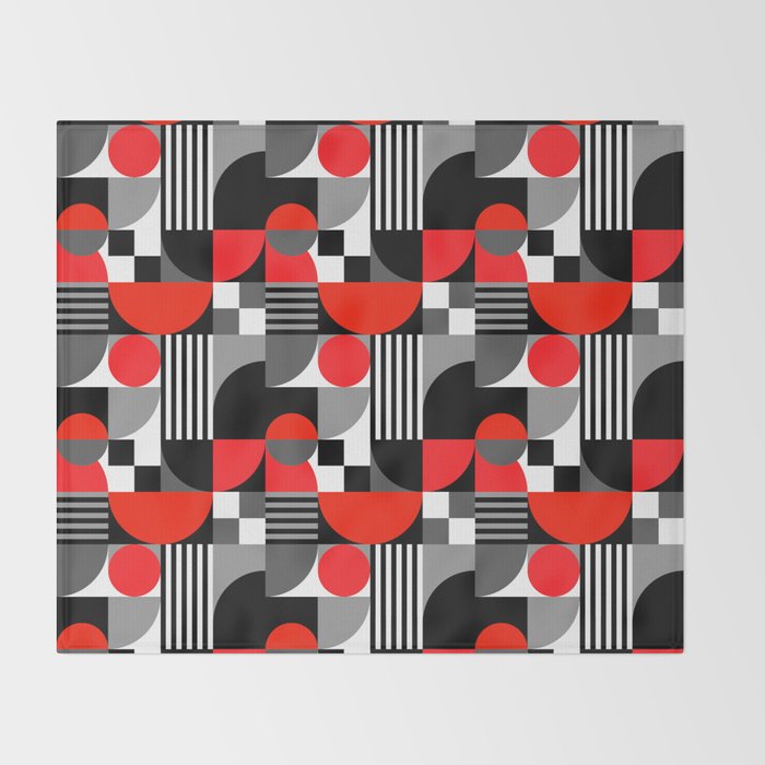 Mid Century Modern Geometric Shapes and Stripes No. 2 Red, Gray, Black Throw Blanket Gallery Image 2