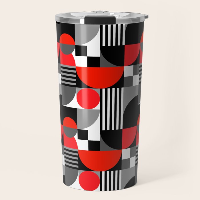 Mid Century Modern Geometric Shapes and Stripes No. 2 Red, Gray, Black Travel Mug Gallery Image 1