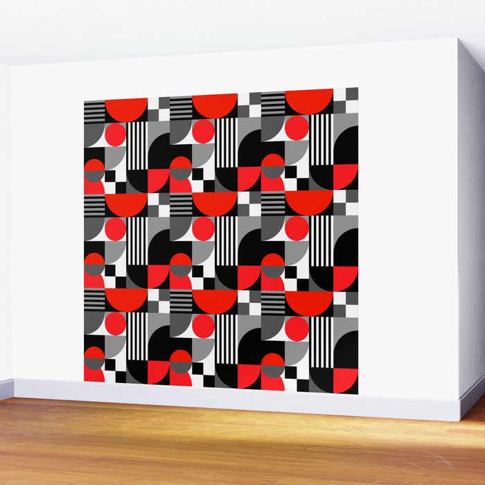 Mid Century Modern Geometric Shapes and Stripes No. 2 Red, Gray, Black Wall Mural Gallery Image 2