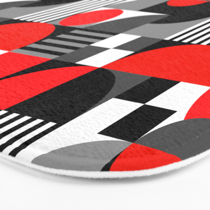 Mid Century Modern Geometric Shapes and Stripes No. 2 Red, Gray, Black Bath Mat Gallery Image 3