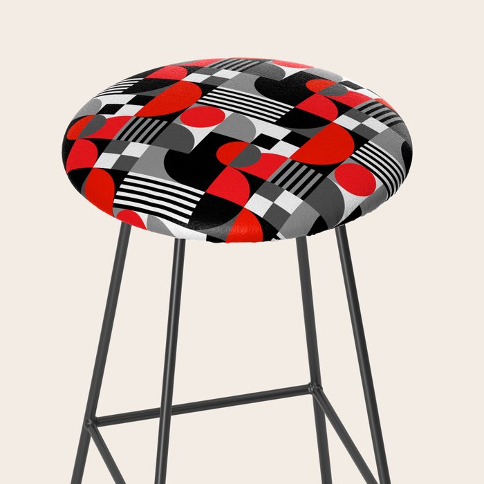 Mid Century Modern Geometric Shapes and Stripes No. 2 Red, Gray, Black Stool Gallery Image 2