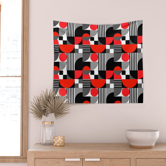 Mid Century Modern Geometric Shapes and Stripes No. 2 Red, Gray, Black Wall Tapestry Gallery Image 2