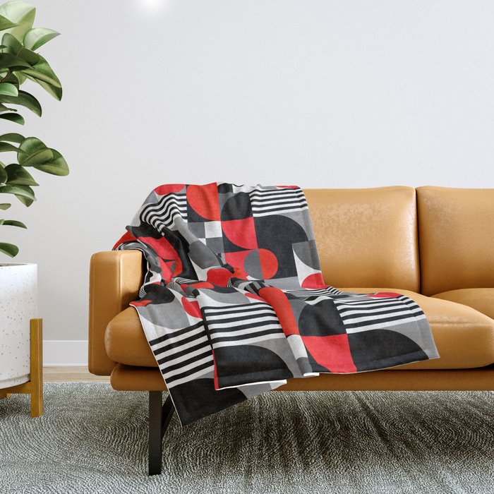 Mid Century Modern Geometric Shapes and Stripes No. 2 Red, Gray, Black Throw Blanket Gallery Image 1