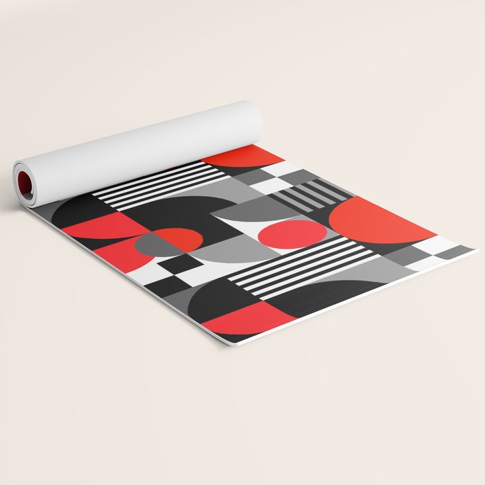 Mid Century Modern Geometric Shapes and Stripes No. 2 Red, Gray, Black Yoga Mat Gallery Image 2