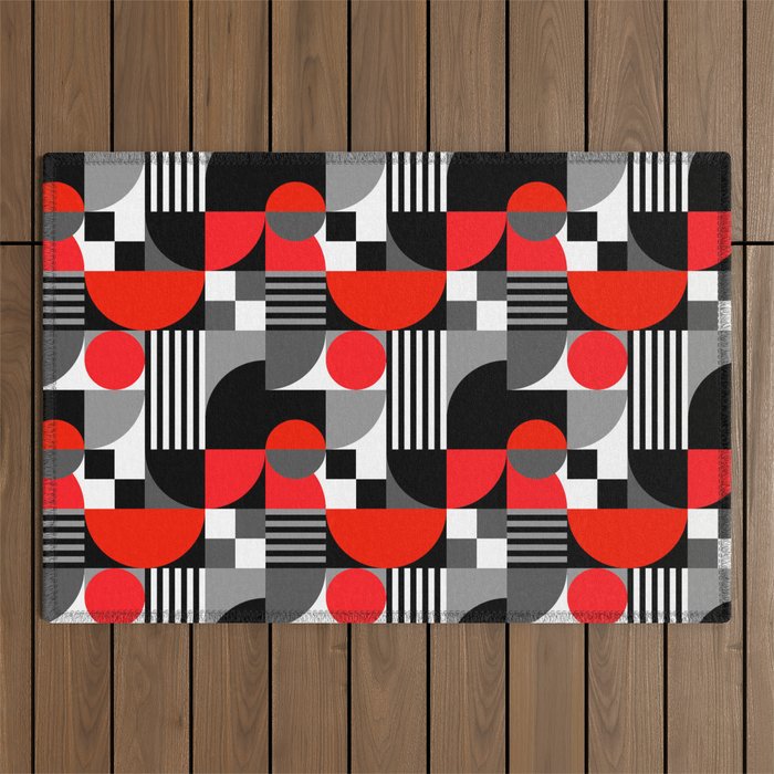 Mid Century Modern Geometric Shapes and Stripes No. 2 Red, Gray, Black Outdoor Rug Gallery Image 1