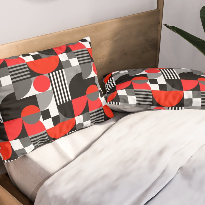 Mid Century Modern Geometric Shapes and Stripes No. 2 Red, Gray, Black Pillow Sham Gallery Image 2