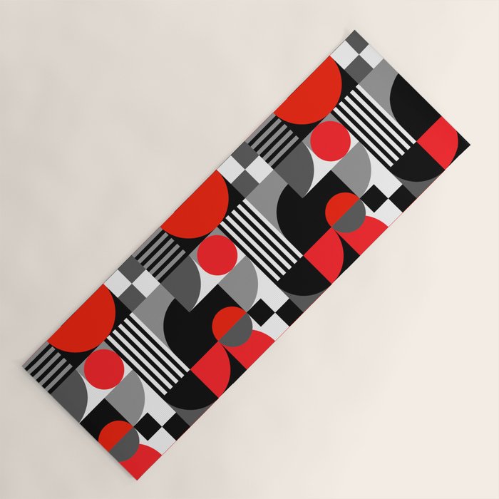 Mid Century Modern Geometric Shapes and Stripes No. 2 Red, Gray, Black Yoga Mat Gallery Image 1