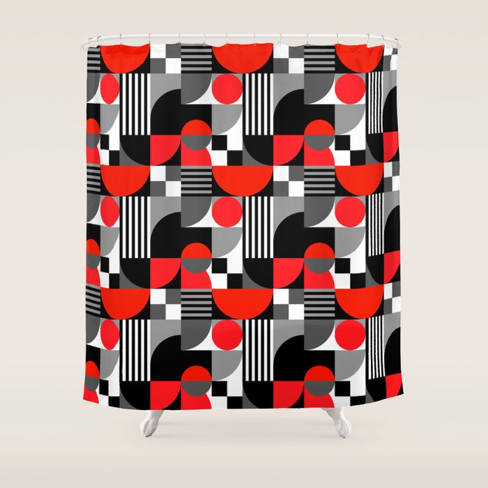 Mid Century Modern Geometric Shapes and Stripes No. 2 Red, Gray, Black Shower Curtain Gallery Image 1