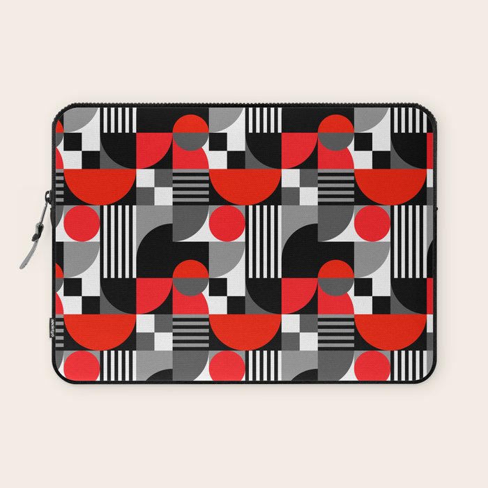 Mid Century Modern Geometric Shapes and Stripes No. 2 Red, Gray, Black Laptop Sleeve Gallery Image 1