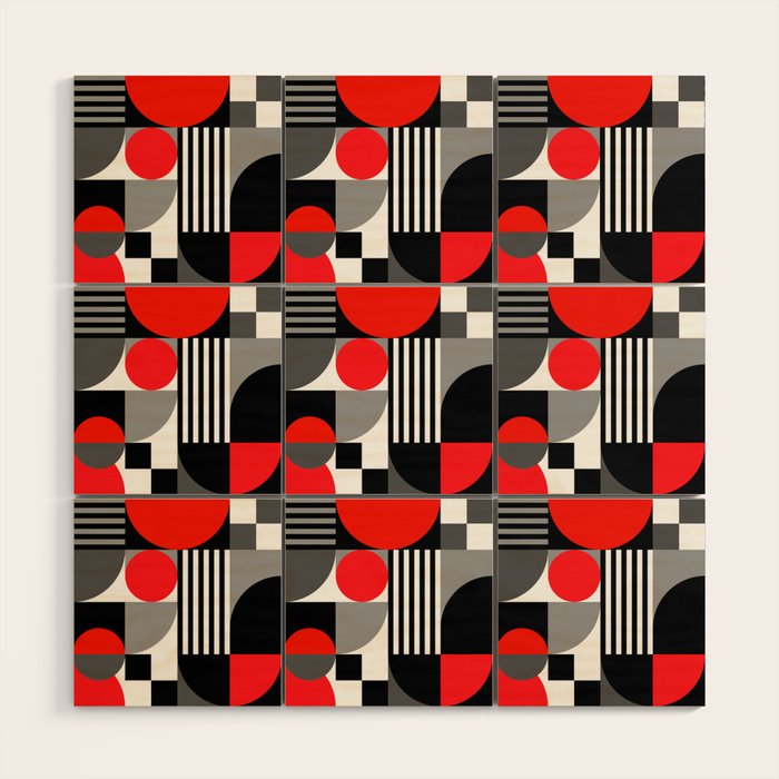 Mid Century Modern Geometric Shapes and Stripes No. 2 Red, Gray, Black Wood Wall Art Gallery Image 1