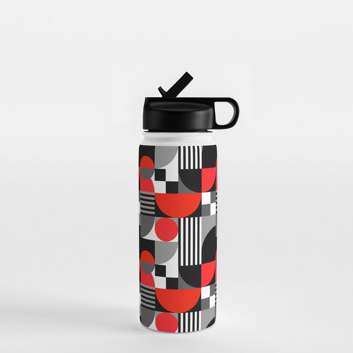 Mid Century Modern Geometric Shapes and Stripes No. 2 Red, Gray, Black Water Bottle Gallery Image 1