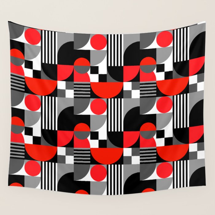 Mid Century Modern Geometric Shapes and Stripes No. 2 Red, Gray, Black Wall Tapestry Gallery Image 4