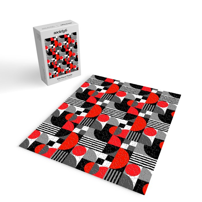 Mid Century Modern Geometric Shapes and Stripes No. 2 Red, Gray, Black Jigsaw Puzzle Gallery Image 2
