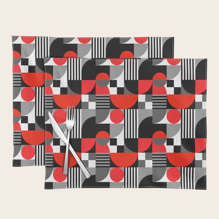 Mid Century Modern Geometric Shapes and Stripes No. 2 Red, Gray, Black Placemat Gallery Image 1