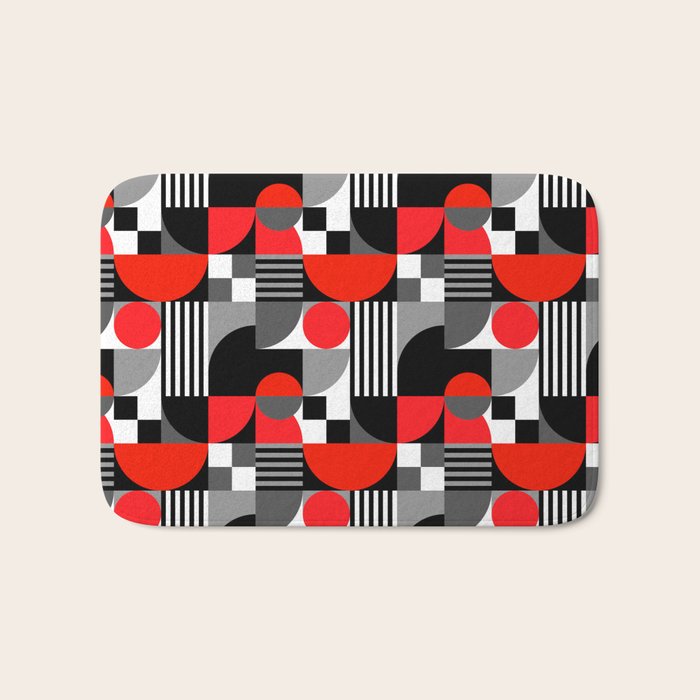Mid Century Modern Geometric Shapes and Stripes No. 2 Red, Gray, Black Bath Mat Gallery Image 1