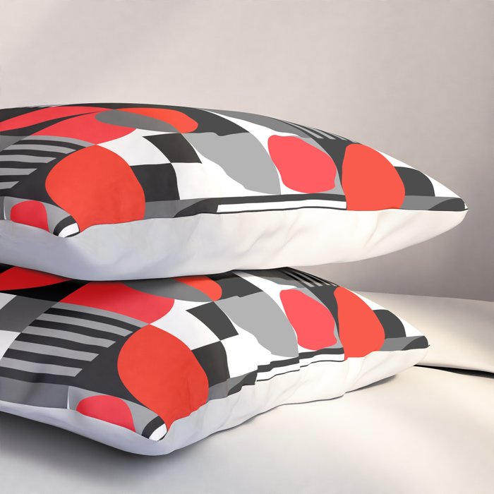 Mid Century Modern Geometric Shapes and Stripes No. 2 Red, Gray, Black Pillow Sham Gallery Image 3