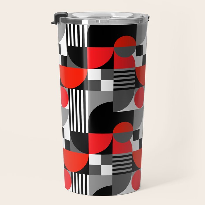 Mid Century Modern Geometric Shapes and Stripes No. 2 Red, Gray, Black Travel Mug Gallery Image 3
