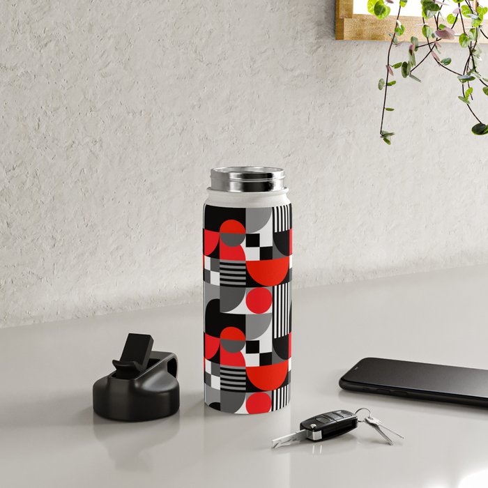 Mid Century Modern Geometric Shapes and Stripes No. 2 Red, Gray, Black Water Bottle Gallery Image 4