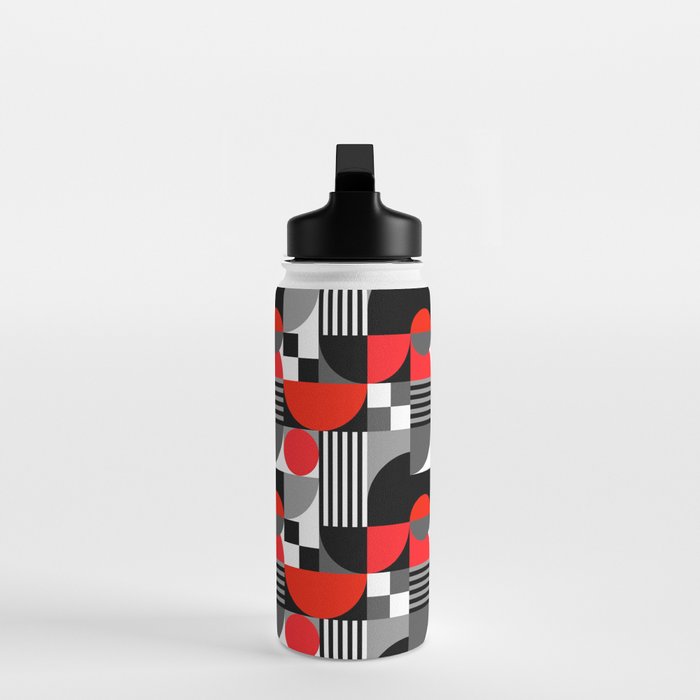 Mid Century Modern Geometric Shapes and Stripes No. 2 Red, Gray, Black Water Bottle Gallery Image 3