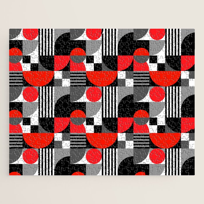 Mid Century Modern Geometric Shapes and Stripes No. 2 Red, Gray, Black Jigsaw Puzzle Gallery Image 1