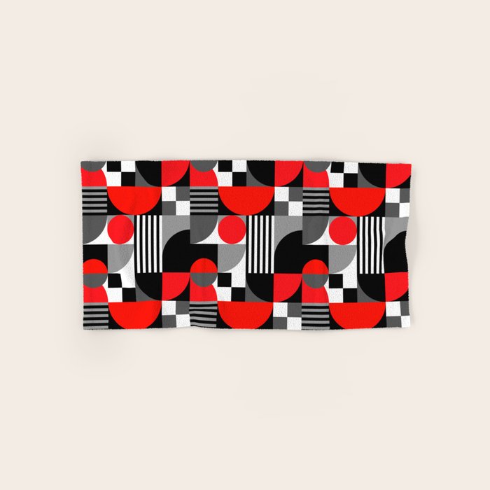 Mid Century Modern Geometric Shapes and Stripes No. 2 Red, Gray, Black Bath Towel Gallery Image 1