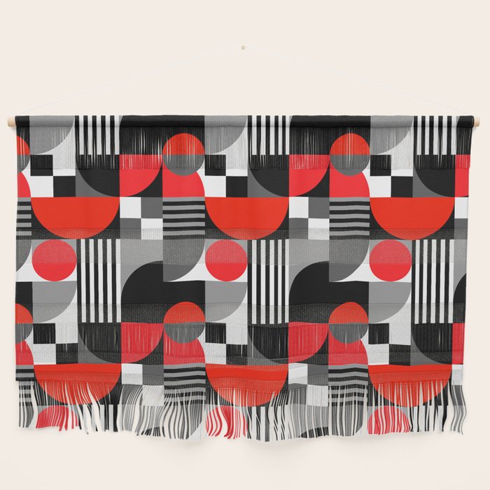 Mid Century Modern Geometric Shapes and Stripes No. 2 Red, Gray, Black Wall Hanging Gallery Image 1
