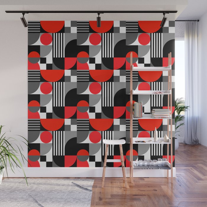 Mid Century Modern Geometric Shapes and Stripes No. 2 Red, Gray, Black Wall Mural Gallery Image 1