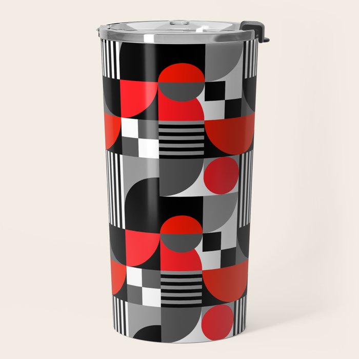 Mid Century Modern Geometric Shapes and Stripes No. 2 Red, Gray, Black Travel Mug Gallery Image 2