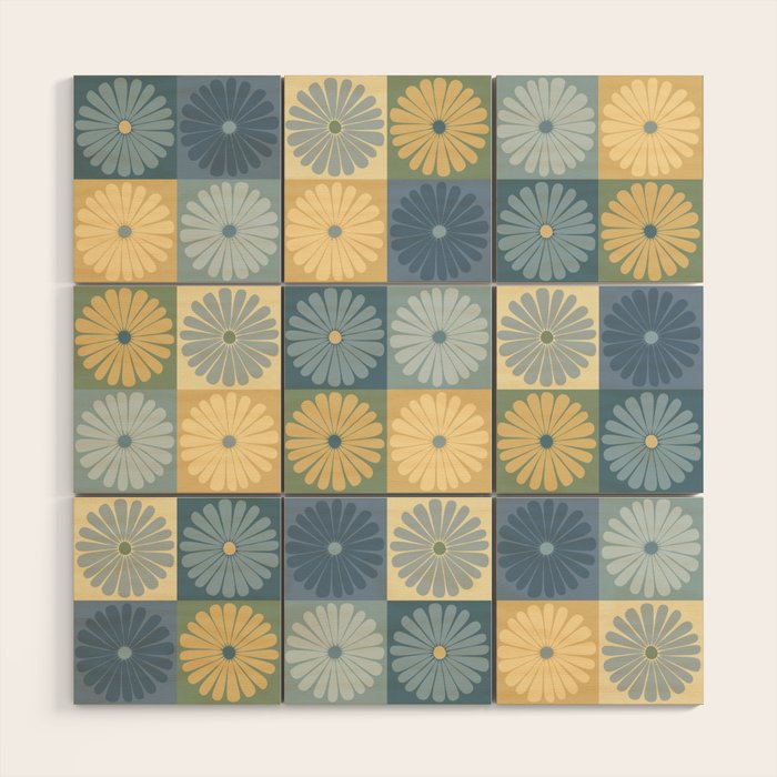 Retro Flowers Check Pattern VII Wood Wall Art Gallery Image 1