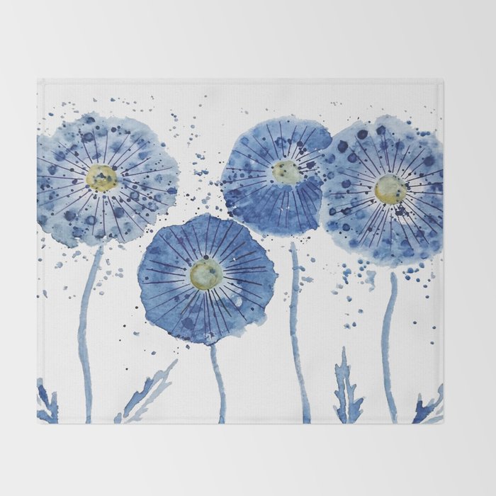 four blue dandelions watercolor Throw Blanket Gallery Image 2