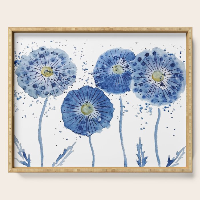 four blue dandelions watercolor Serving Tray Gallery Image 1