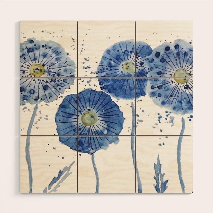 four blue dandelions watercolor Wood Wall Art Gallery Image 1