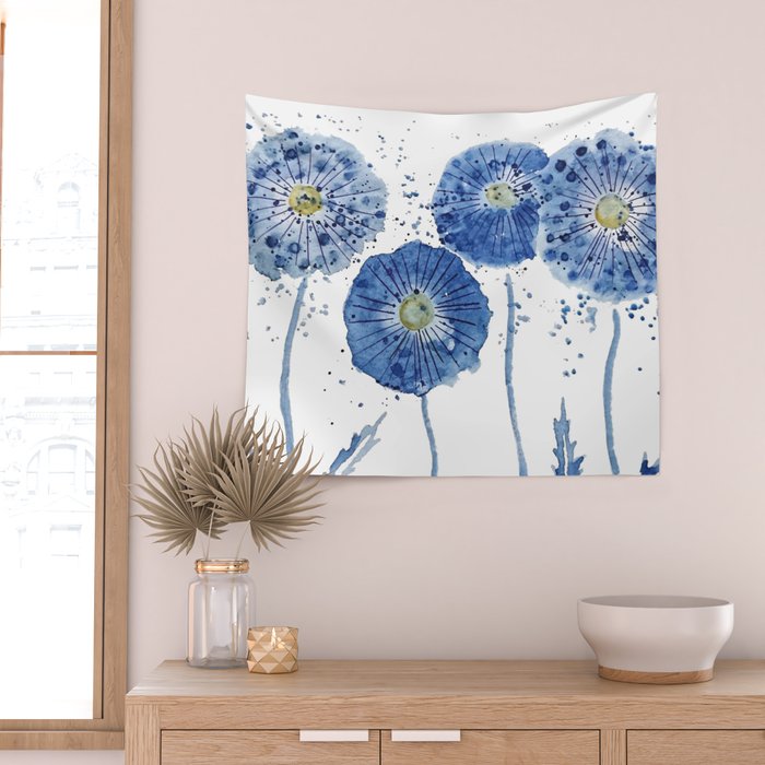 four blue dandelions watercolor Wall Tapestry Gallery Image 2
