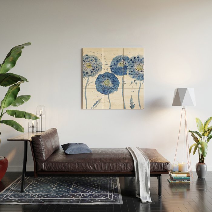 four blue dandelions watercolor Wood Wall Art Gallery Image 2