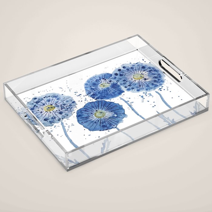 four blue dandelions watercolor Acrylic Tray Gallery Image 1