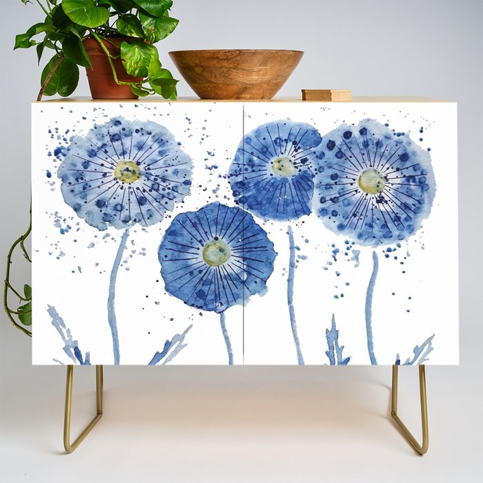 four blue dandelions watercolor Credenza Gallery Image 1