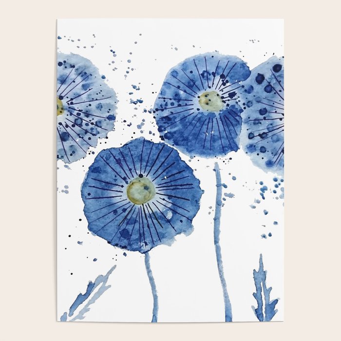 four blue dandelions watercolor Poster Gallery Image 1