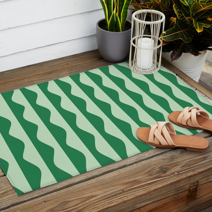 Retro Wavy Lines Pattern in Green Outdoor Rug Gallery Image 2