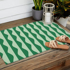 Retro Wavy Lines Pattern in Green Outdoor Rug Gallery Image 2