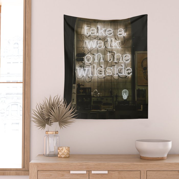 Hey Baby Take a Walk on the Wild Side -  70s Lou Reed quote street art neon retro typography Wall Tapestry Gallery Image 2