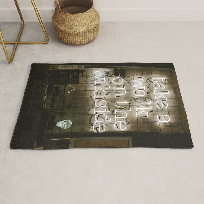 Hey Baby Take a Walk on the Wild Side -  70s Lou Reed quote street art neon retro typography Rug Gallery Image 1
